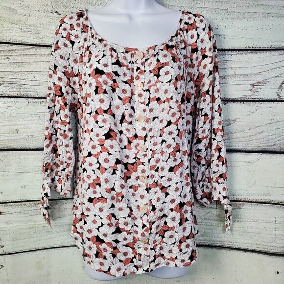 I.N. Studio Women’s Floral Blouse Size Large Button Front 3/4 Sleeve Top Rayon - Picture 1 of 9